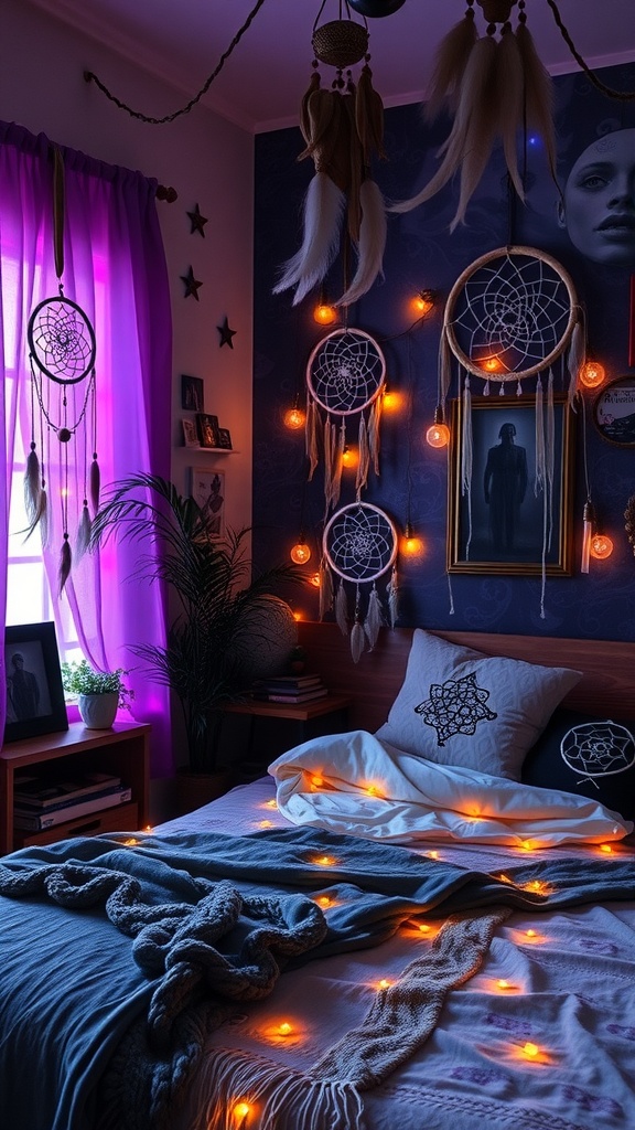 A dark romantic bedroom with dreamcatchers, warm lights, and purple curtains.