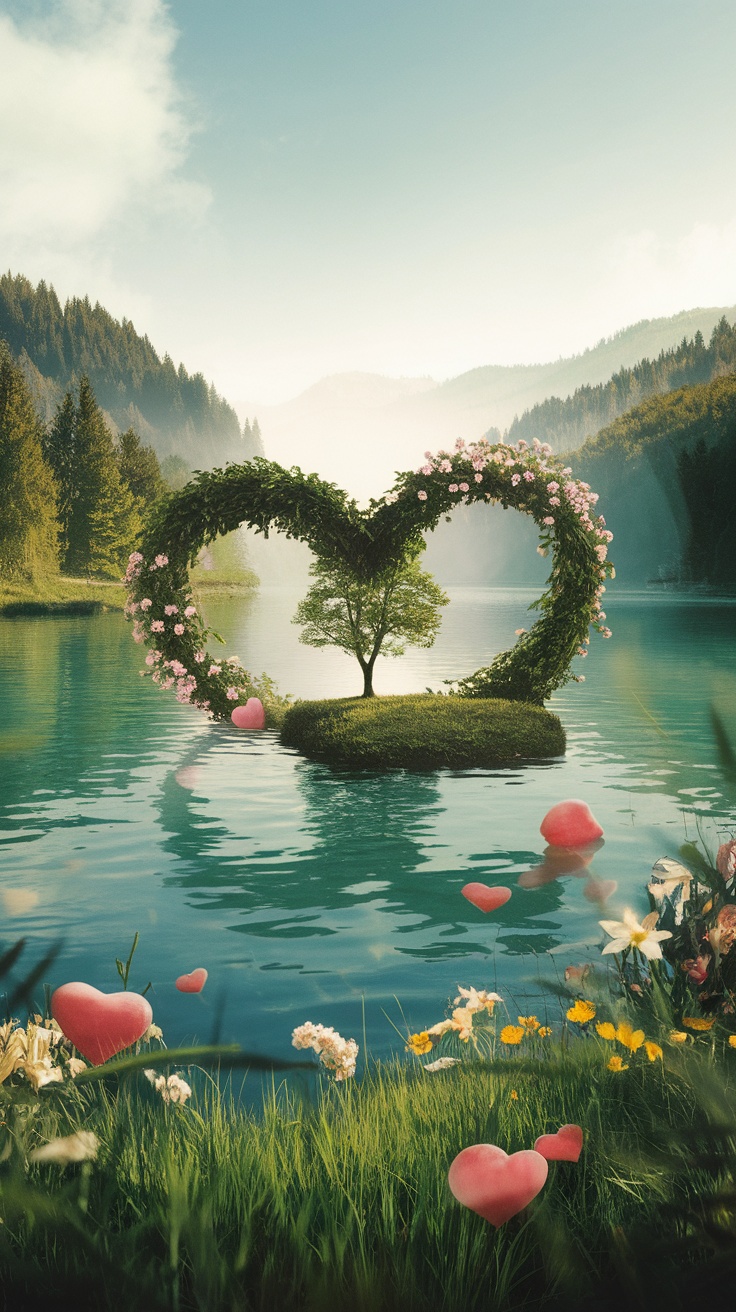 A serene nature scene with a heart-shaped tree and floating hearts in a tranquil lake.