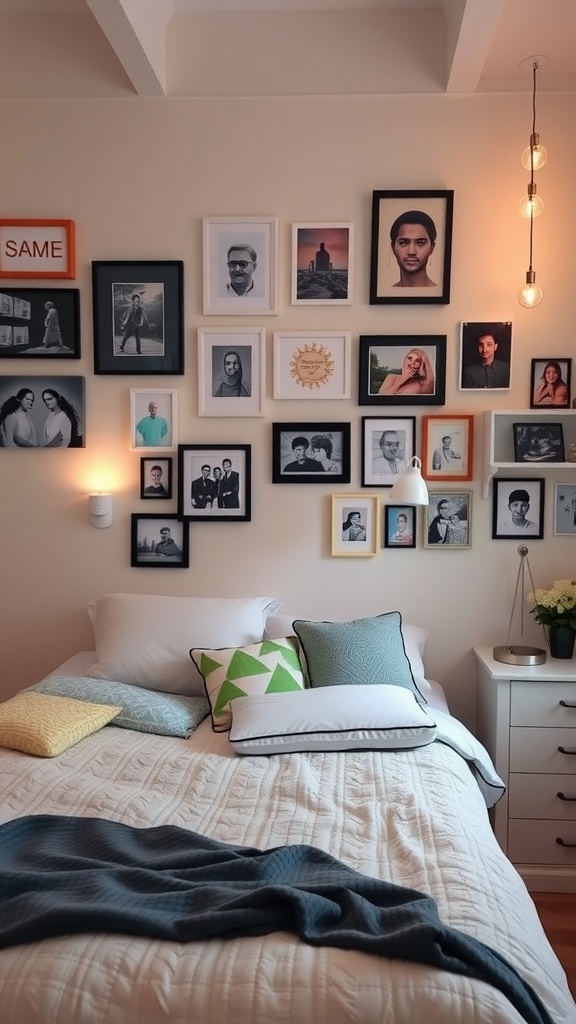 A cozy bedroom featuring a wall of framed photos and colorful cushions on the bed.