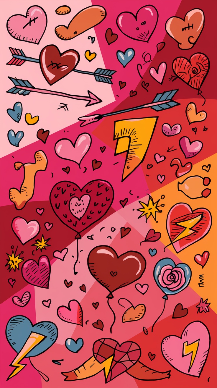 Colorful doodles of hearts and playful symbols on a vibrant background.