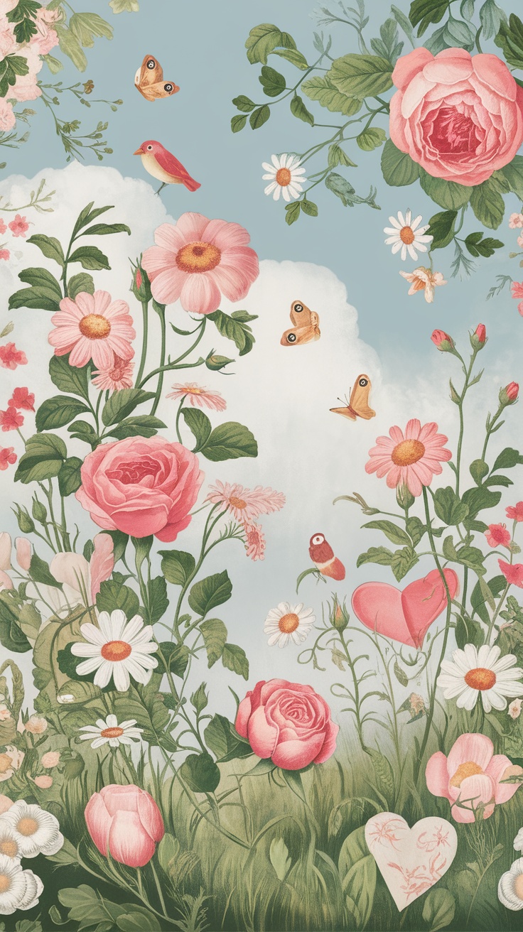 A beautiful wallpaper featuring romantic floral patterns with pink roses, daisies, birds, and butterflies on a soft blue background.