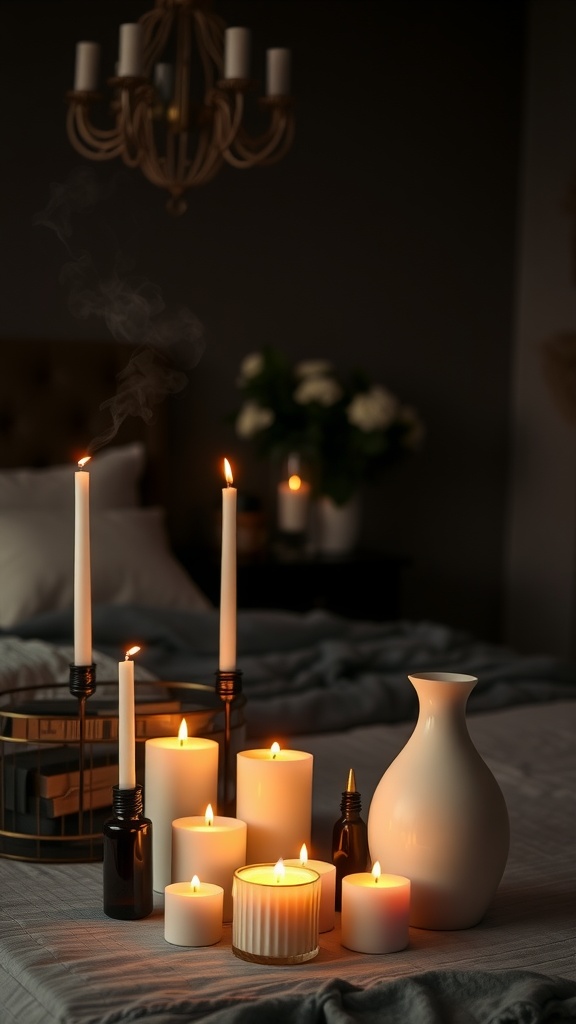 A collection of lit candles and a vase on a bedside table, creating a warm and inviting atmosphere.