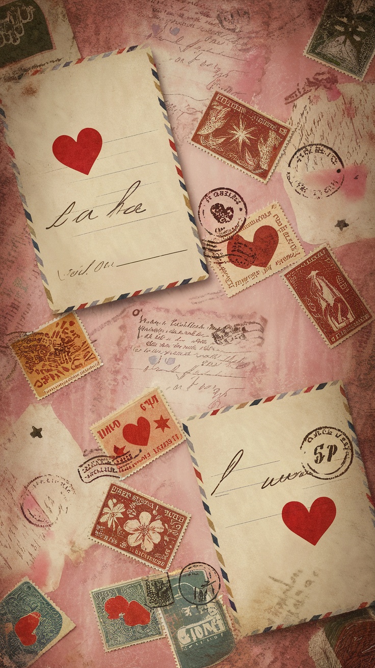 An arrangement of vintage love letters and stamps on a textured background.