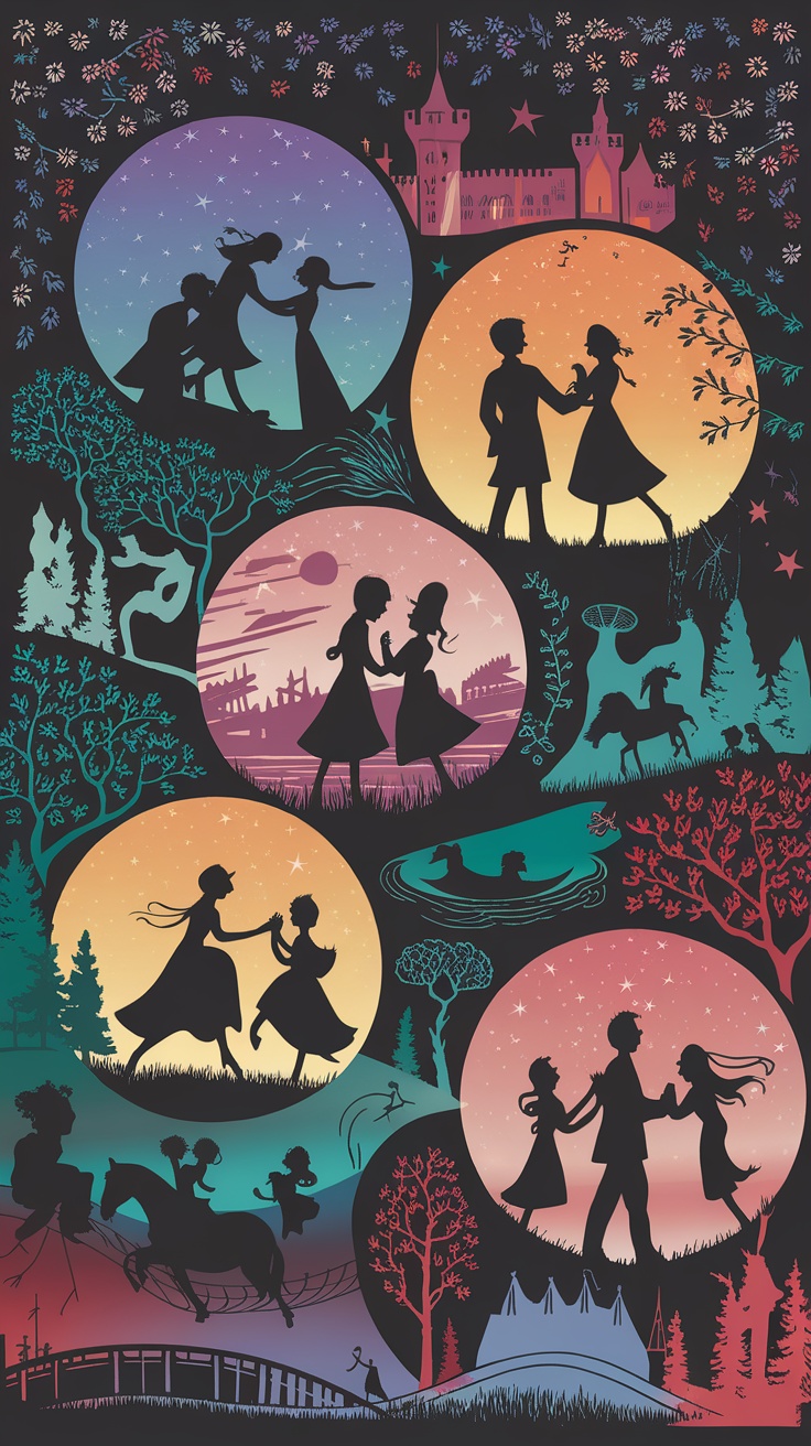 Colorful silhouettes of couples in various romantic poses against a dreamy background