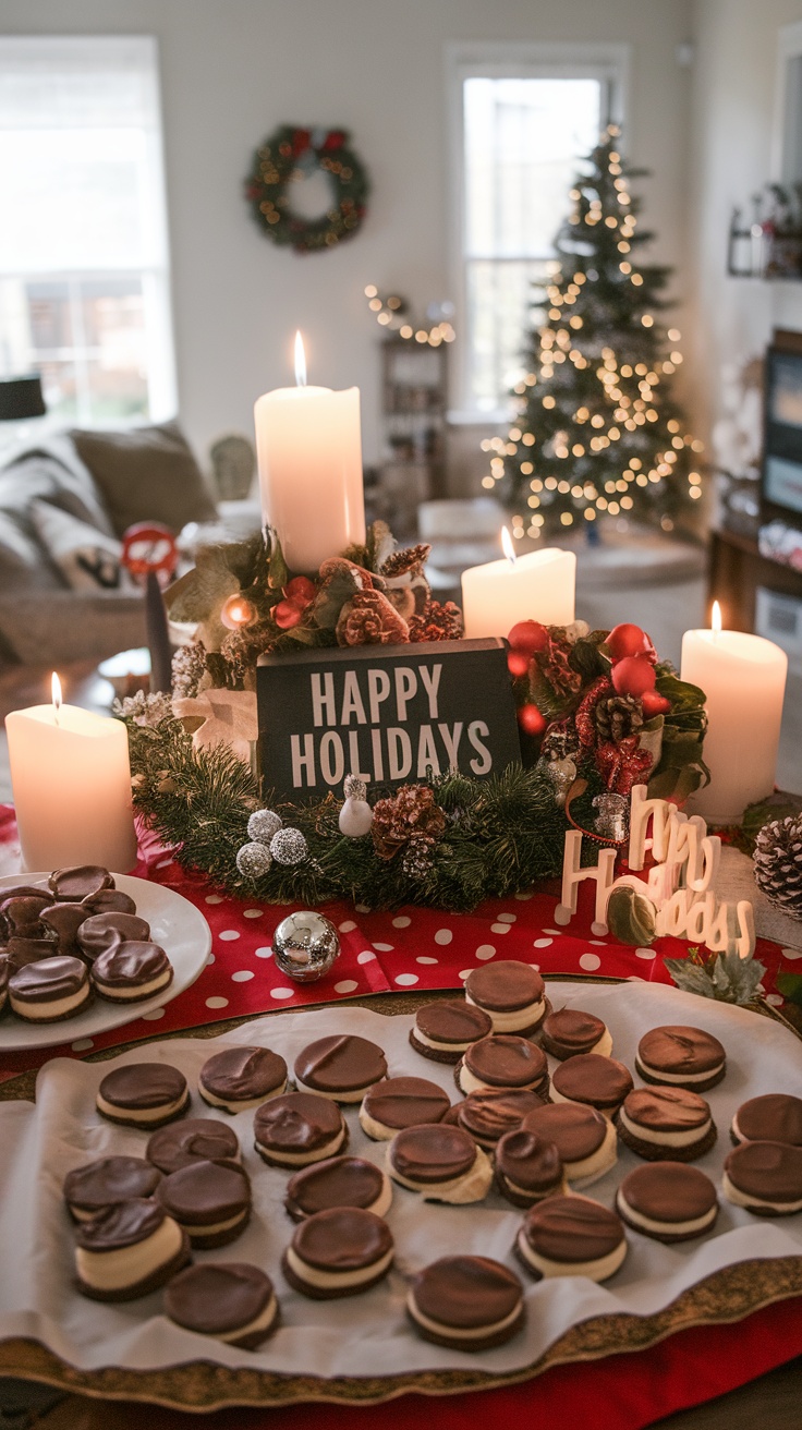 Chocolate cheesecake stuffed cookies on a festive holiday table.