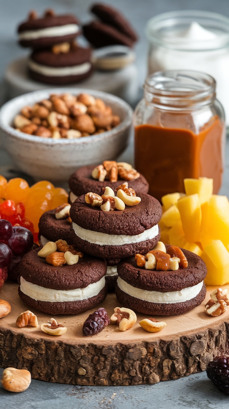 A plate of chocolate cheesecake stuffed cookies topped with nuts, surrounded by fruits and ingredients.