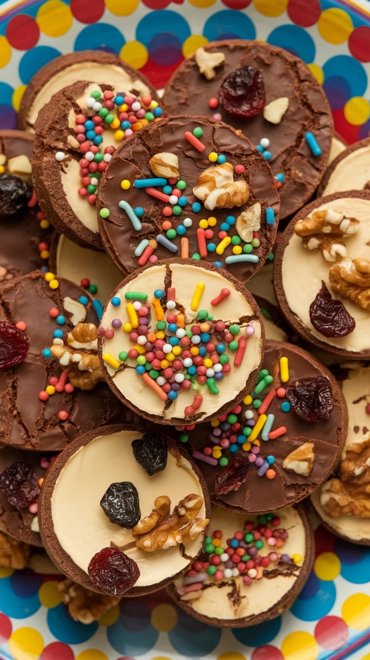 A colorful display of chocolate cheesecake stuffed cookies with various toppings