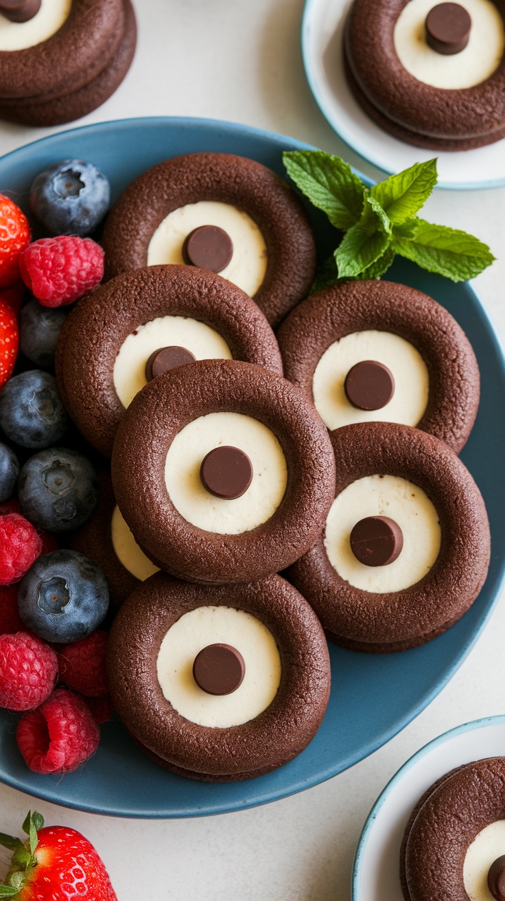 Delicious chocolate cheesecake stuffed cookies served with fresh berries