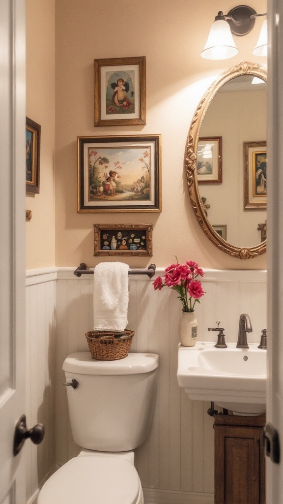 A cozy small bathroom with charming wall decor, featuring framed art and a round mirror.