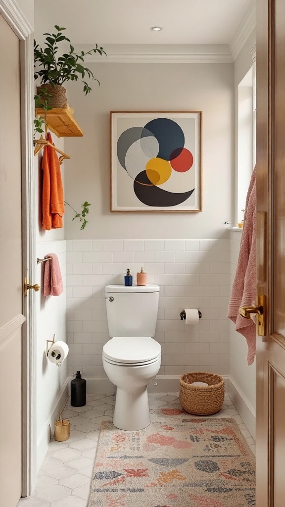 A small bathroom with neutral walls and colorful accents, including a vibrant artwork and warm towels.