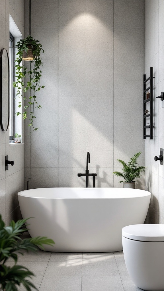 A cozy small bathroom featuring a modern compact bathtub, plants, and stylish fixtures.