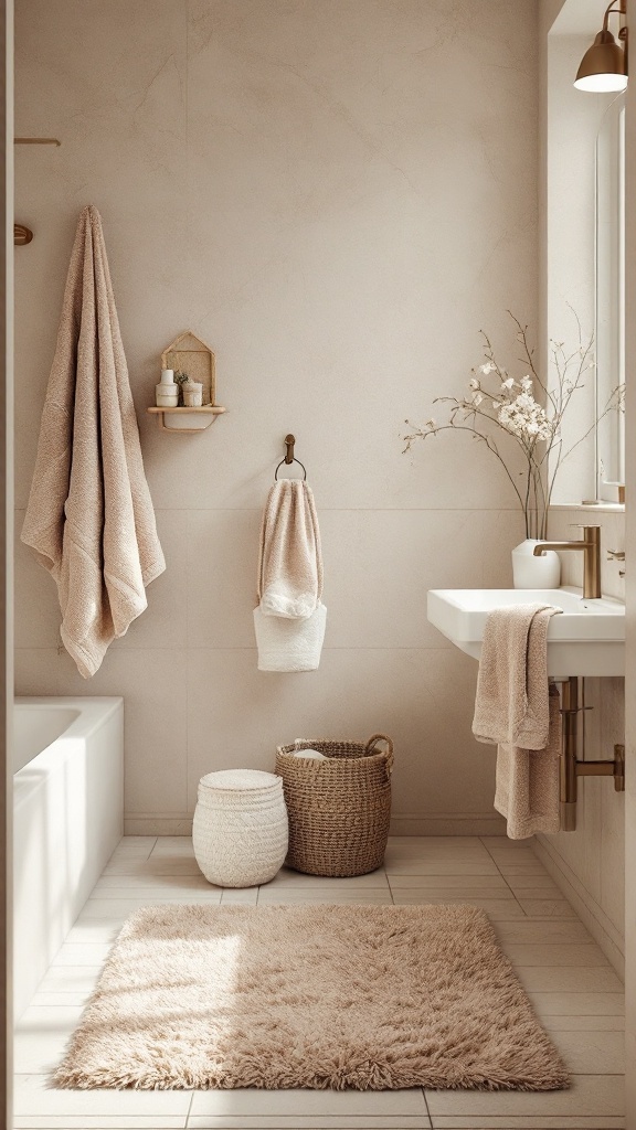 Cozy small bathroom featuring soft textiles and a plush rug