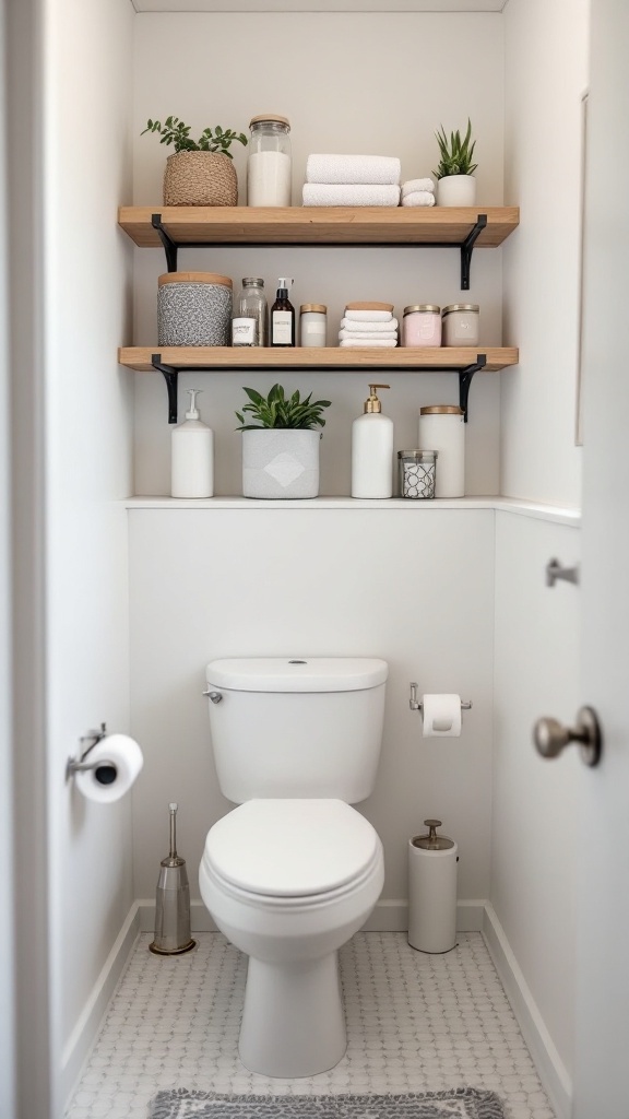 A cozy small bathroom featuring open shelves with towels, plants, and neatly organized toiletries above a toilet.