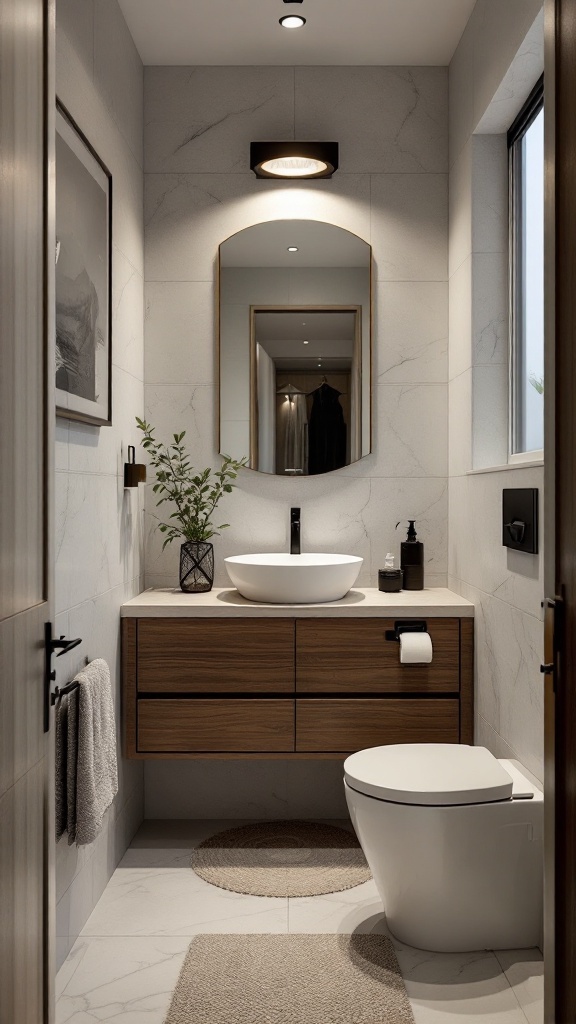 A cozy small bathroom featuring a floating vanity, modern round basin, and minimal decor.