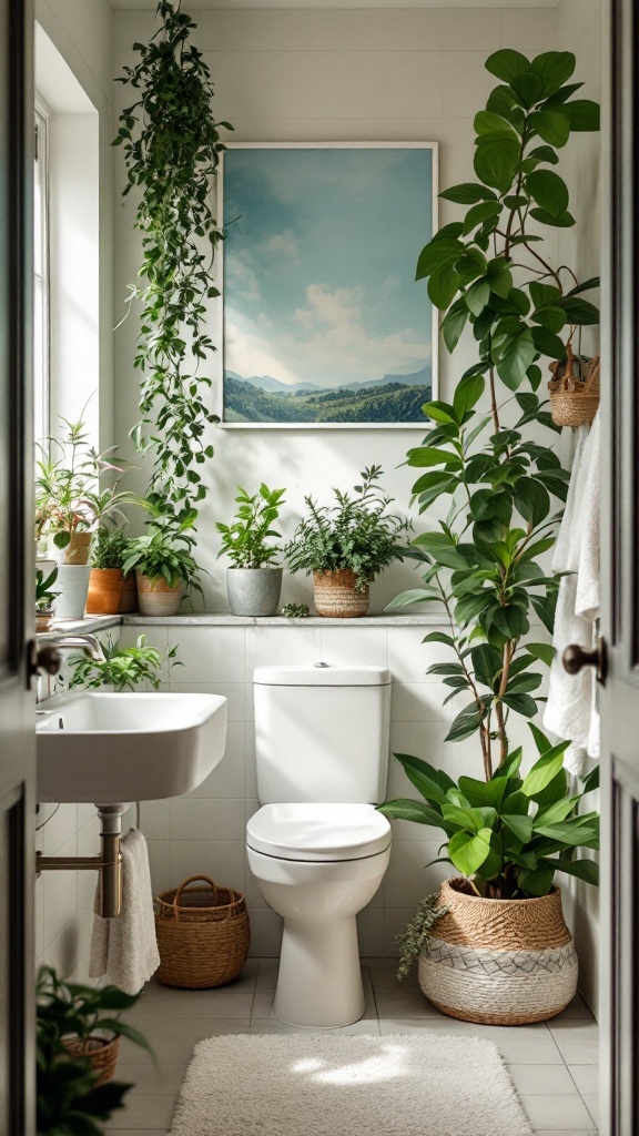 Cozy small bathroom filled with various plants, showcasing a fresh and calming atmosphere.