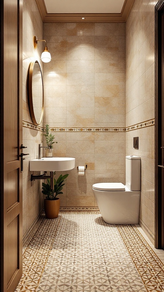 A cozy small bathroom featuring innovative tile patterns, a circular mirror, and a touch of greenery.