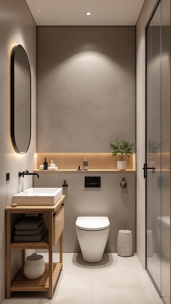 Minimalistic small bathroom with wooden elements, neutral colors, and a plant.