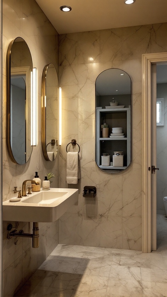 Cozy small bathroom with mirrored surfaces and modern fixtures