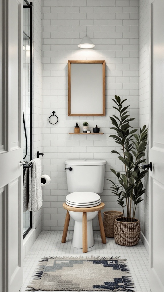 Cozy small bathroom with multi-functional furniture, including a wooden stool and a small shelf.