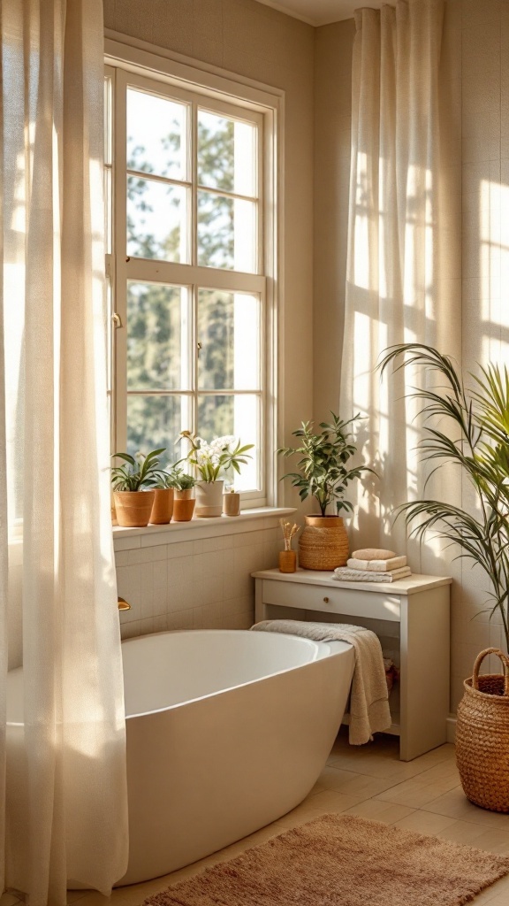 Bright and airy small bathroom with large windows, sheer curtains, and plants