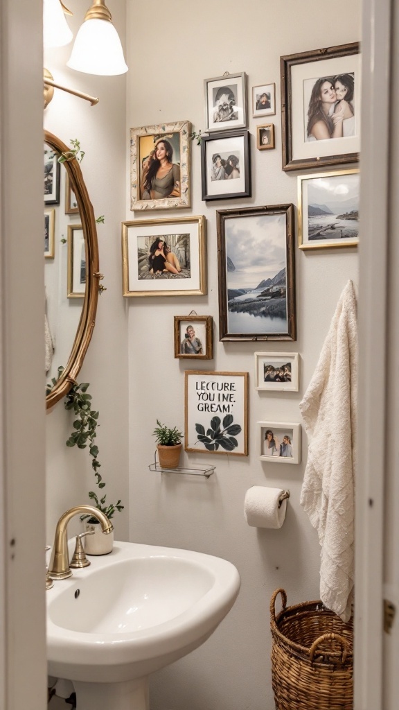 Cozy small bathroom with framed photos, a mirror, and plants.