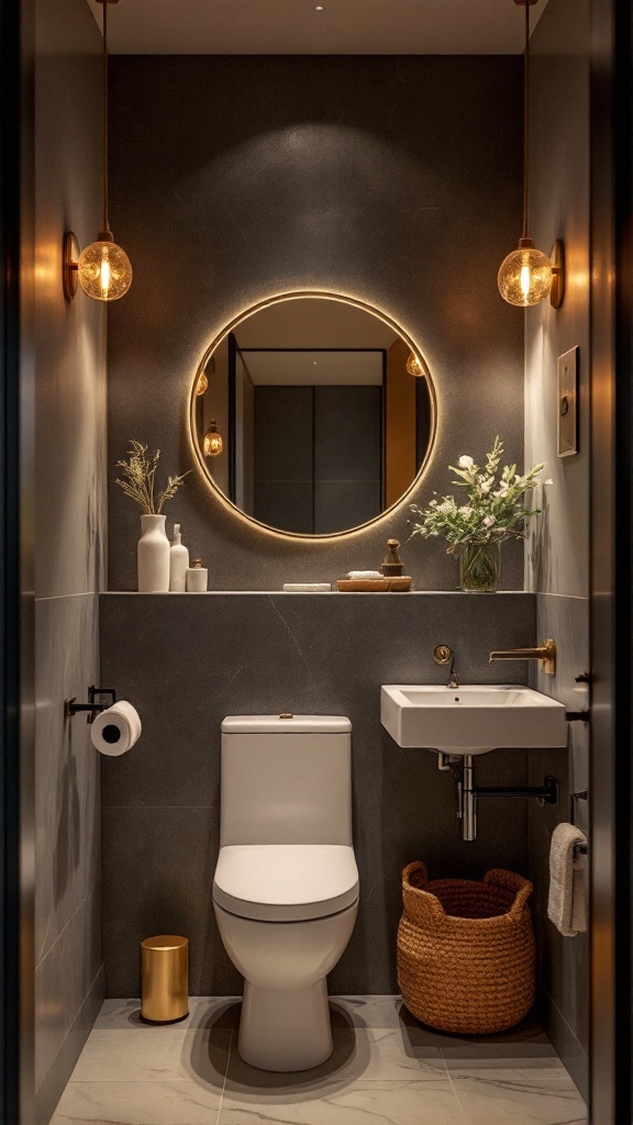 Cozy small bathroom featuring smart lighting solutions with pendant lights and a round mirror.