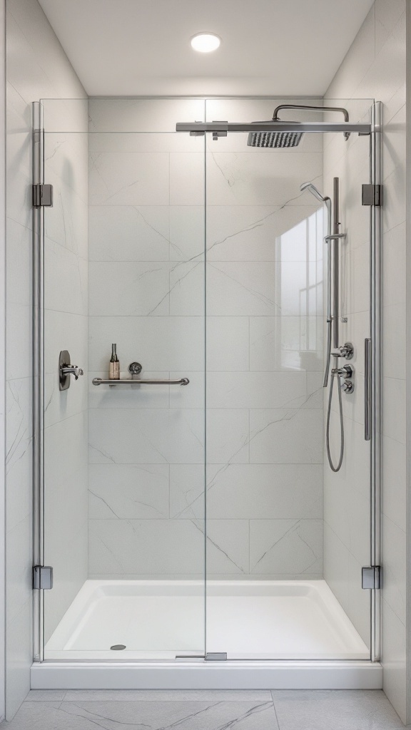 Modern space-saving shower with glass enclosure and built-in shelf