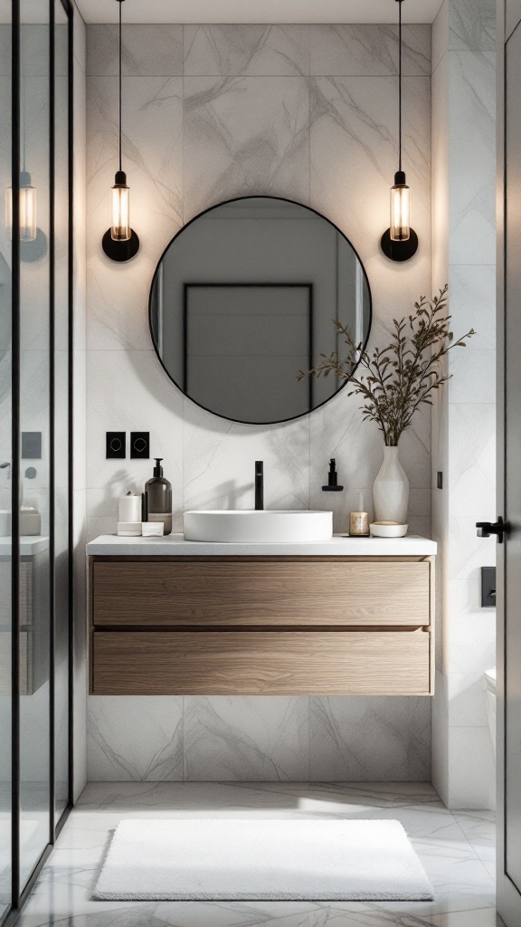 Stylish small bathroom featuring a wooden floating vanity, round mirror, and modern pendant lights.