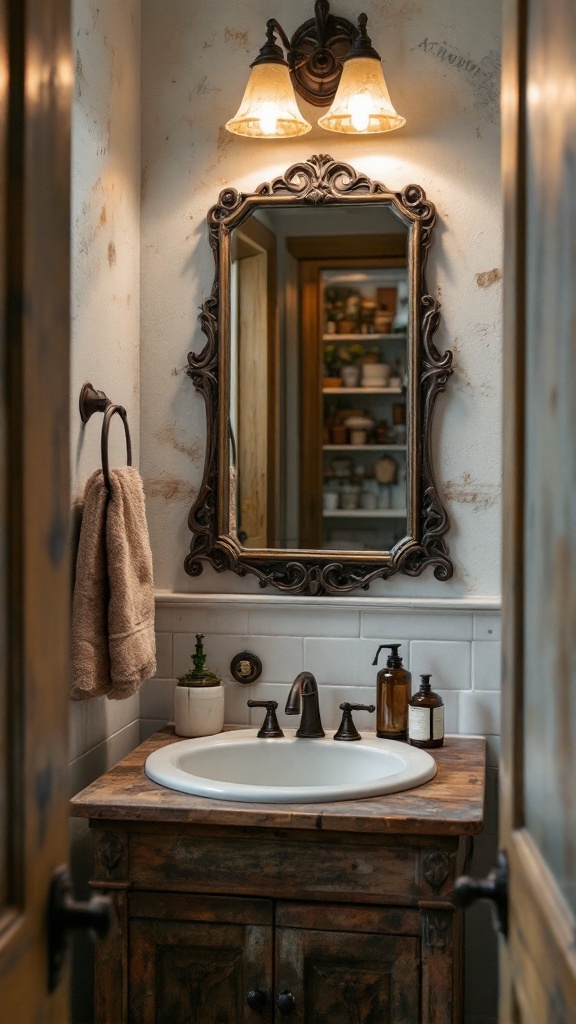A cozy small bathroom with vintage accents, featuring a wooden vanity, round sink, ornate mirror, and soft lighting.