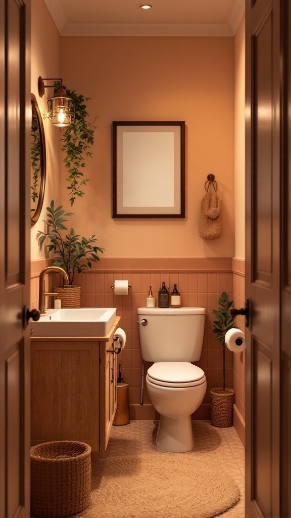 Cozy small bathroom with warm peach walls, wooden accents, and plants.