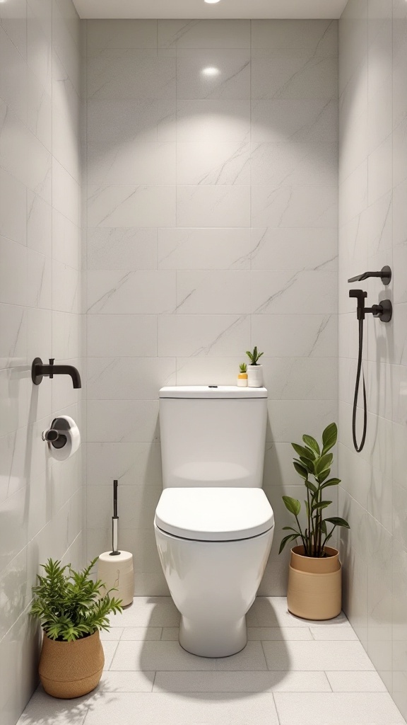 A small, cozy bathroom featuring a modern toilet and plants, emphasizing water-saving fixtures.