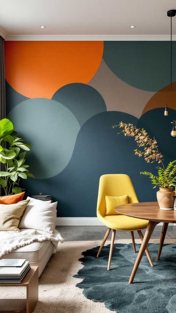 Modern living room and dining room combo with a colorful accent wall