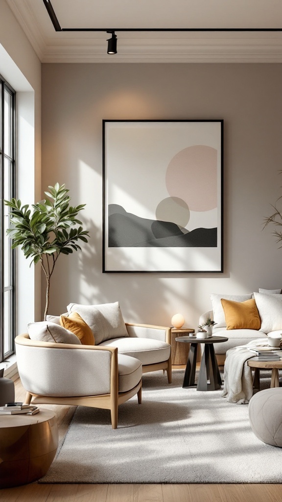 Modern living room with neutral colors and stylish furniture, featuring a large piece of artwork and a potted plant.