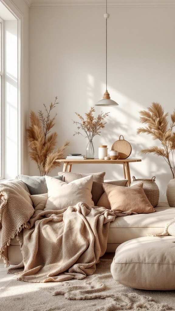 A cozy living room with a neutral color palette featuring a plush sofa adorned with various textured pillows and a soft blanket, complemented by natural decor elements.
