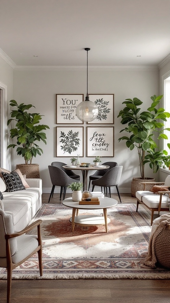 A modern living room and dining room combo featuring a stylish rug that defines the spaces.