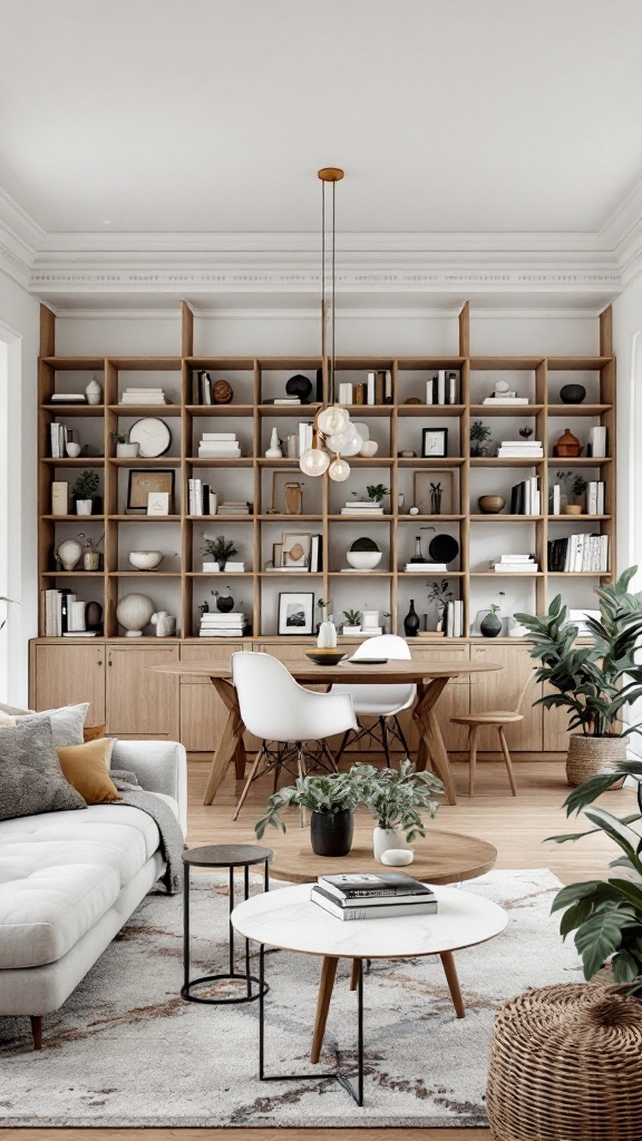 Modern living room and dining room combo with a decorative wooden shelf and stylish furniture