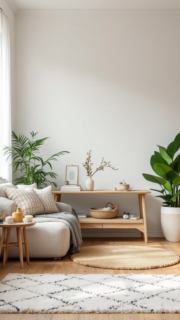 Modern living room and dining room combo featuring a cozy sofa, wooden coffee table, and plants.