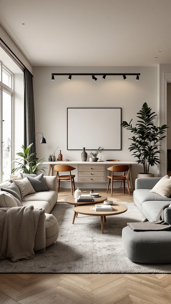 A modern living room and dining room combo featuring a light palette, cozy furniture, and flexible seating arrangements.