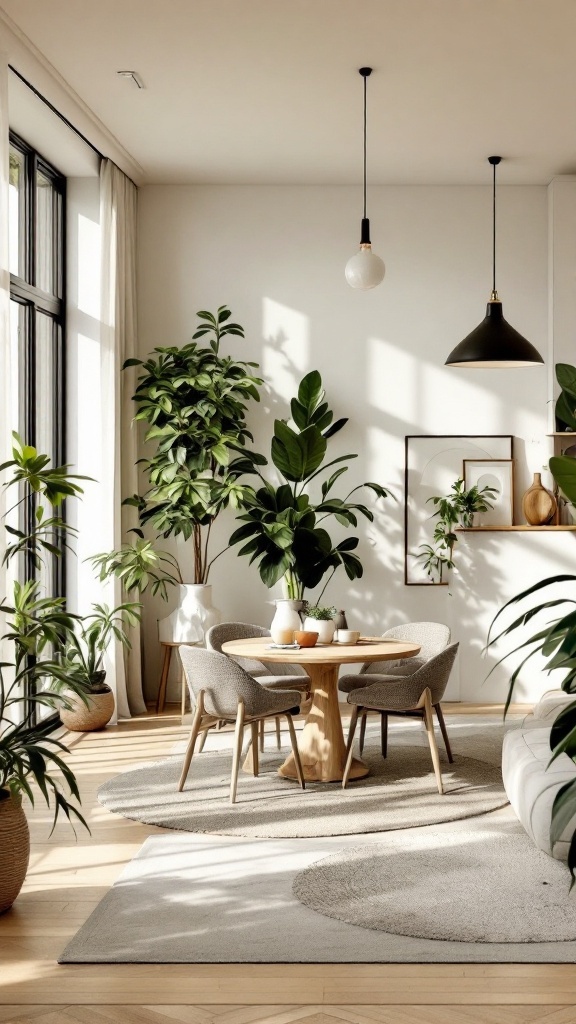 A modern living and dining room combo with large plants, a wooden table, and natural light.
