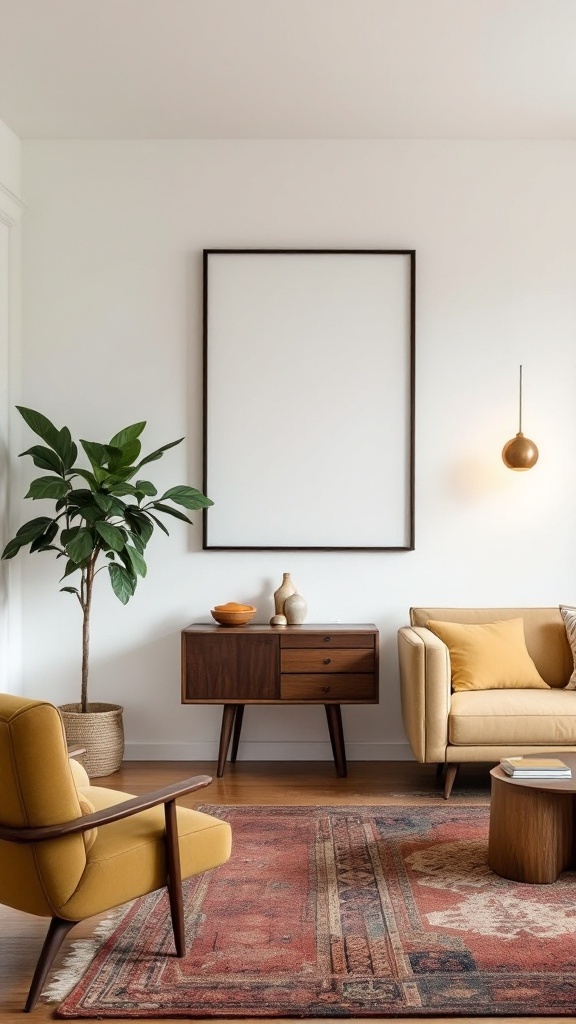 Cozy modern living room with vintage elements including a yellow armchair, wooden side table, and a rustic rug.