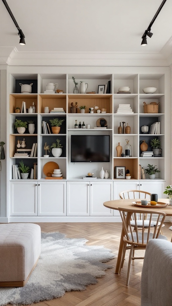 A modern living room and dining room combo featuring a stylish shelving unit with plants, books, and decor items, alongside a dining table.