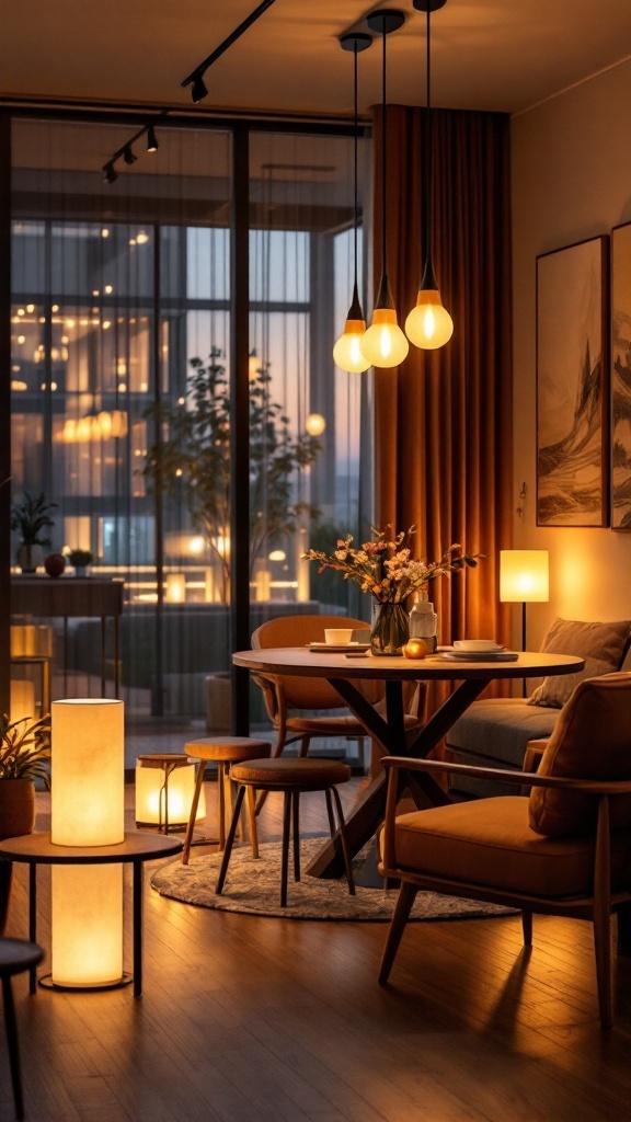 A modern living and dining room with warm lighting, featuring pendant lights, table lamps, and large windows.