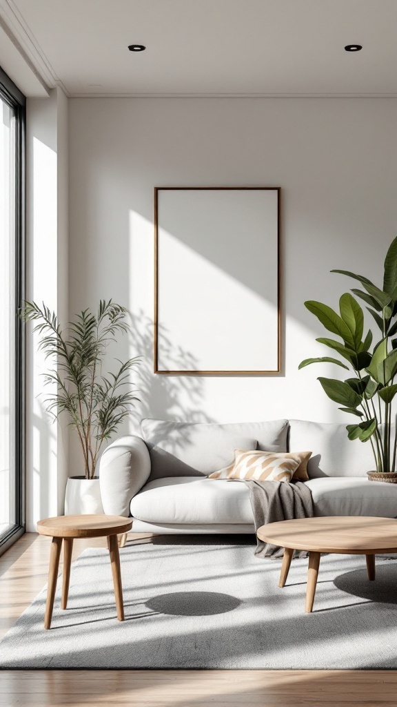 A modern minimalist living room with a light-colored sofa, round wooden coffee tables, and plants, bathed in natural light