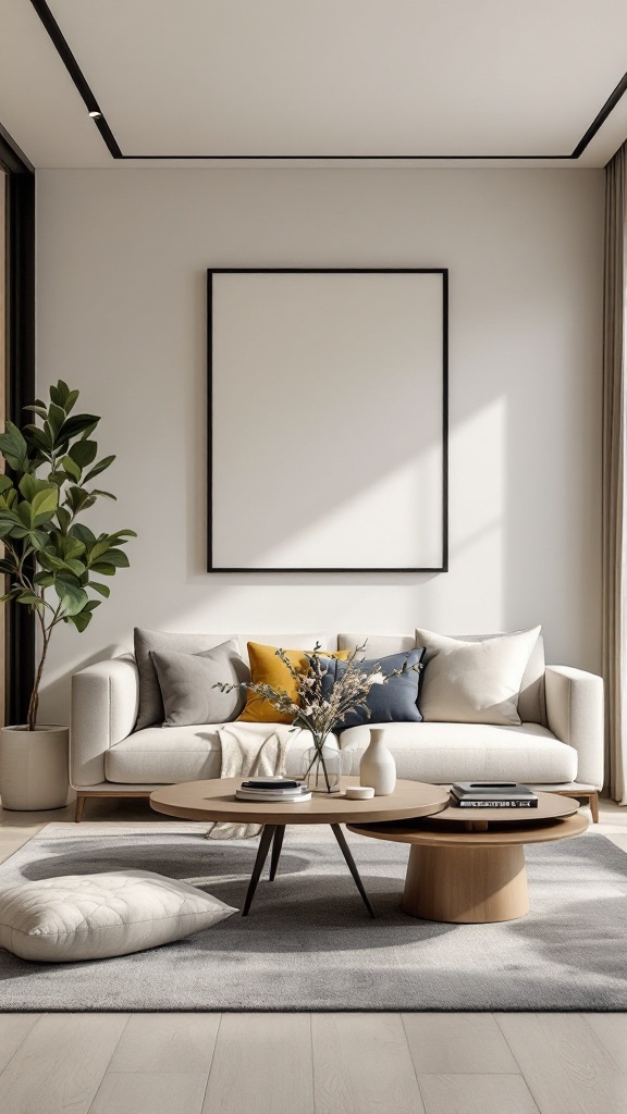 Modern living room with a sofa, coffee table, and decorative elements