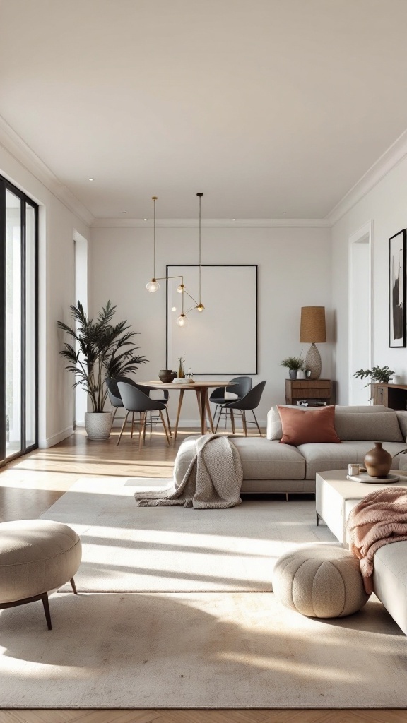 Modern living room and dining room combo with an open concept layout, featuring a cozy sofa, dining table, and plants.