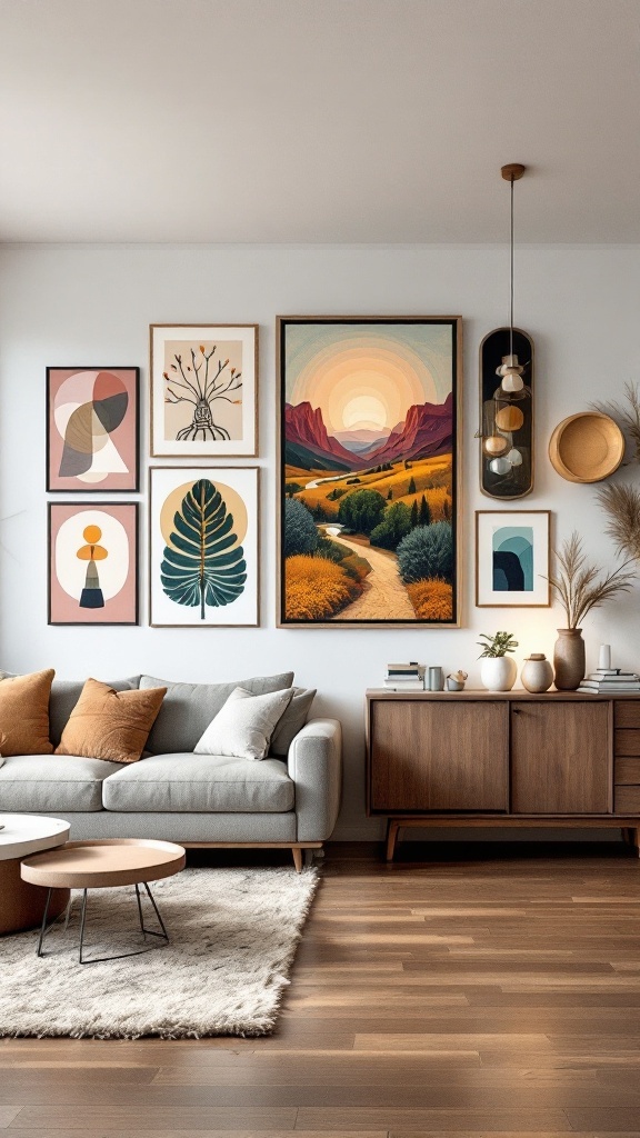 A modern living room with a cozy sofa, coffee table, and a gallery of framed artwork on the wall.