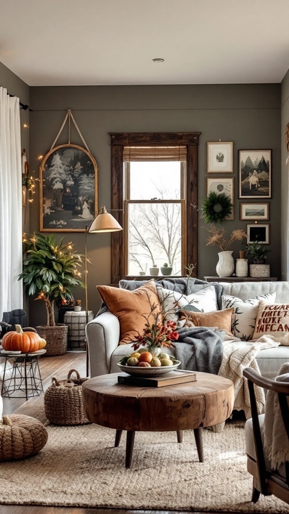 Cozy modern living room with seasonal decor featuring a wooden coffee table, plush sofa, and autumn elements
