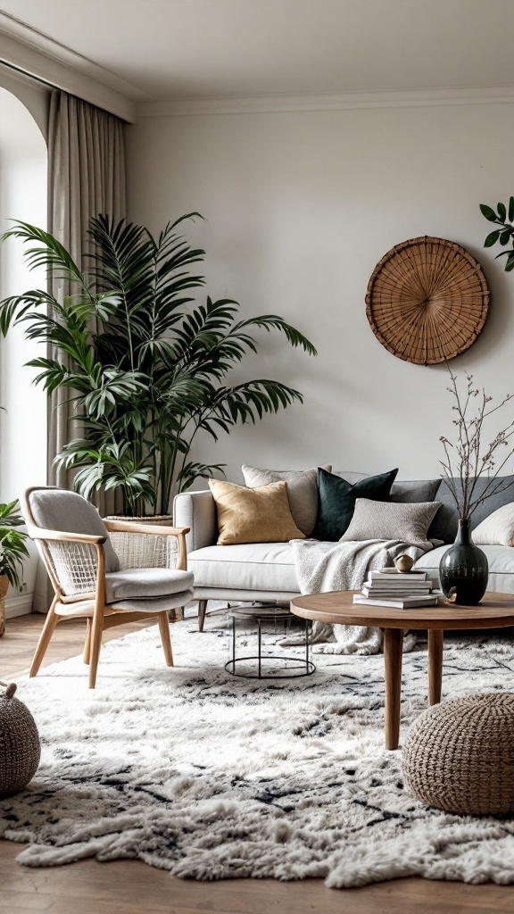 A modern living room featuring a cozy sofa, a rattan chair, a wooden coffee table, and various plants.