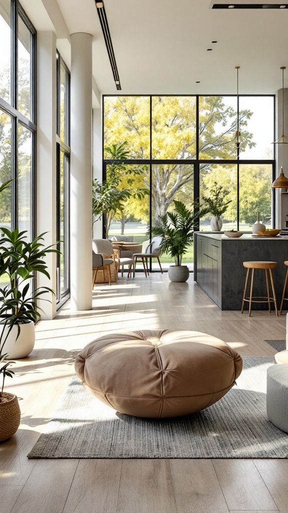 Modern living room and dining room combo with large windows and cozy decor.