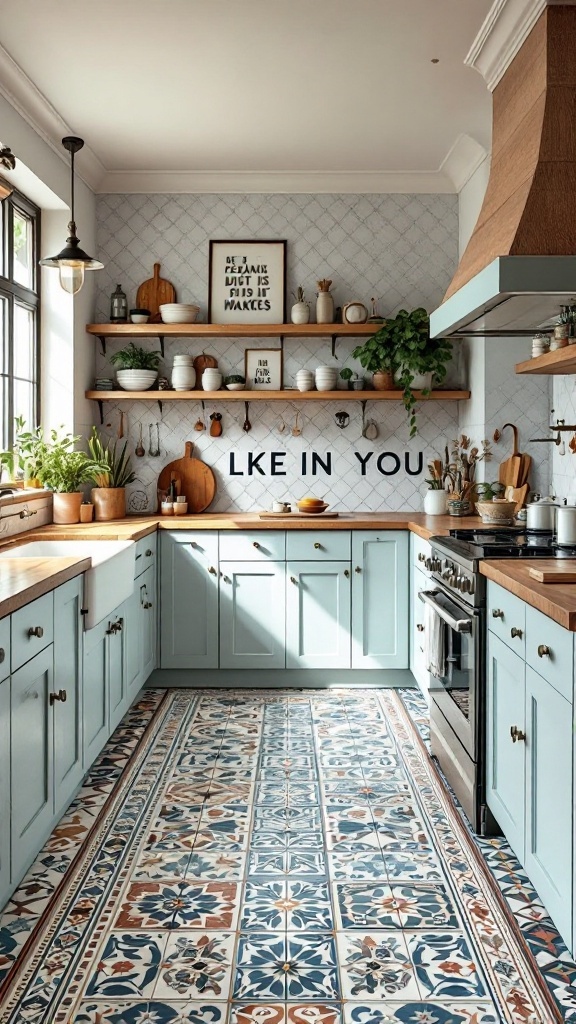 A modern kitchen featuring artistic patterned tiles on the floor, soft blue cabinetry, and open shelving with plants and dishware.